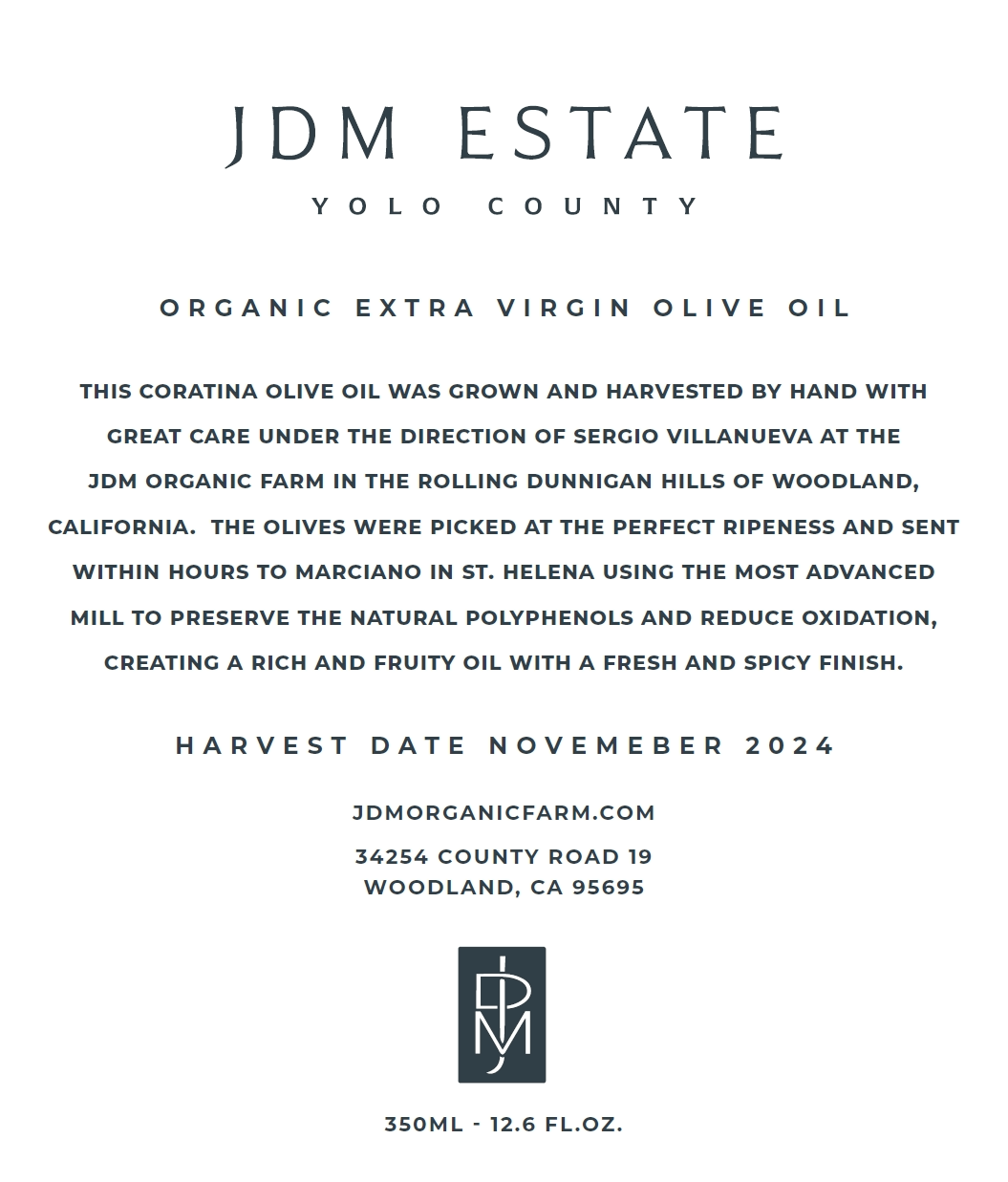 2024 Coratina Organic Extra Virgin Olive Oil 350 ml Bottle